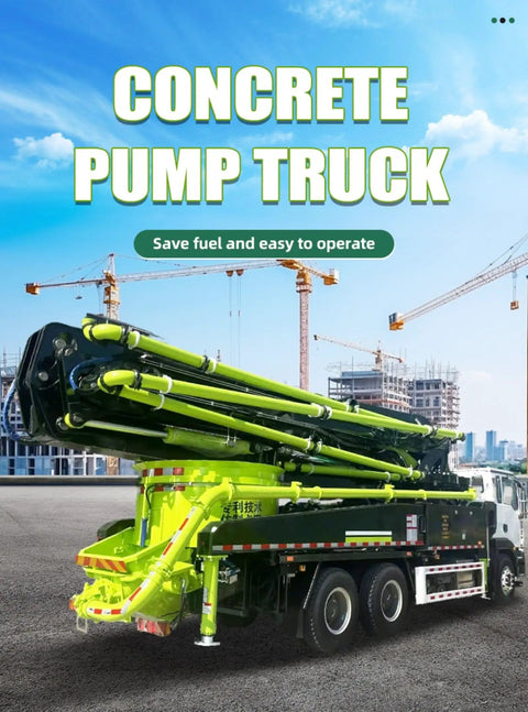 Road Ready Concrete Boom Pump And Mobile Mixer Truck Rig Slick Setup showcasing the concrete pump truck with bright yellow boom.