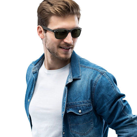 Man wearing RB2132 New Wayfarer Polarized Square Sunglasses Unisex Slim Black Frame With Green Polarized Lenses 55mm
