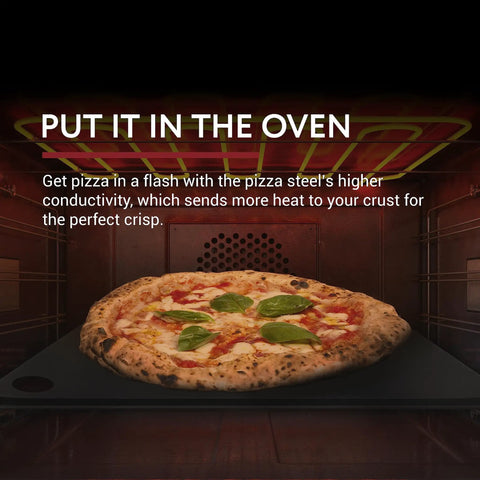 Steel Pizza Stone For Oven And Grill Pro Grade 14 By 14 Inch Carbon Steel Plate With Superior Heat Retention For Crisp Crust Pizza And Bread, Built To Last Black Finish shown in use with pizza in oven