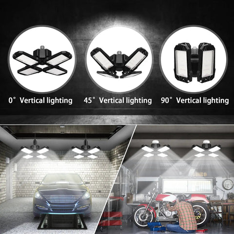 2 Pack LED Garage Light Super Bright 260W 26,000 LM 6500K Daylight with 8 and 1 deformable panels for versatile lighting.