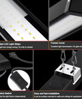 Close-up of Black 8ft LED Shop Light, 100W 12500lm, showcasing integrated light strips, cover, switch, and dual mount design.