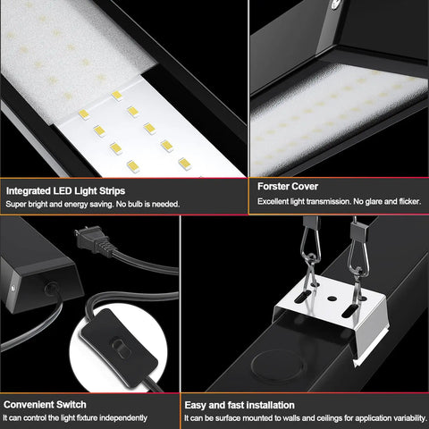 Close-up of Black 8ft LED Shop Light, 100W 12500lm, showcasing integrated light strips, cover, switch, and dual mount design.