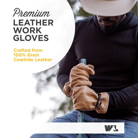 Man wearing Rugged Heavy Duty Leather Work Gloves For Men, Cowhide Protection From Abrasion And Puncture, Gunn Cut Design