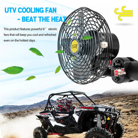 Overhead 6 Inch UTV Cooling Fan With 12V, mounted on roll cage of Polaris RZR, designed to reduce heat and dust in summer conditions.