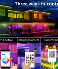 200 Foot LED Strip Lights Color Changing With Built In Microphone For Music Sync App And Remote Control Two 100 Foot Rolls For Bedroom Vibe Voice Activated Lighting 64 Scene Modes Smart Phone Control; showing app, remote, and control box usage