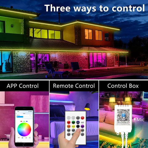 200 Foot LED Strip Lights Color Changing With Built In Microphone For Music Sync App And Remote Control Two 100 Foot Rolls For Bedroom Vibe Voice Activated Lighting 64 Scene Modes Smart Phone Control; showing app, remote, and control box usage