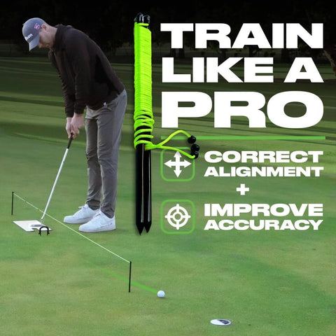 Man using Pro Grade Triple Bead Golf Putting Alignment String Line Neon Green Visual Guide on outdoor green for practice.