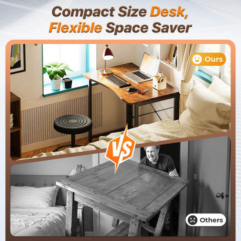 Compact Foldable Computer Desk For Small Spaces 31.5 Inch Rustic Brown Writing Table shown vs larger desk