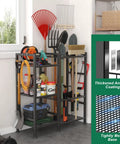 Garden Tool Organizer For Garage And Shed, 3 Tier Yard Tool Storage Rack with 35 long handled slots and hooks, in garage.