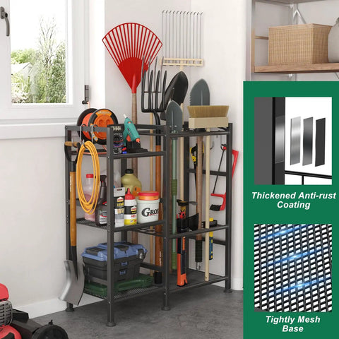 Garden Tool Organizer For Garage And Shed, 3 Tier Yard Tool Storage Rack with 35 long handled slots and hooks, in garage.