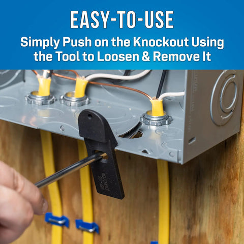 Hand using Panel Buddy Knockout Set for front and rear knockouts easy removal from electrical panels embedded in drywall