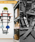 Wall Mounted Skateboard Rack Secures Four Boards And Helmets With Heavy Duty Angled Steel Arms For Clutch Organization, displaying tidy storage.
