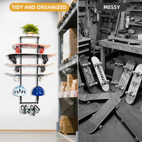 Wall Mounted Skateboard Rack Secures Four Boards And Helmets With Heavy Duty Angled Steel Arms For Clutch Organization, displaying tidy storage.