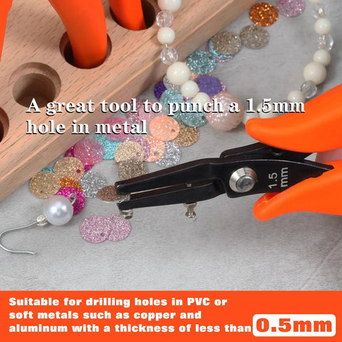 6 Inch Metal Hole Punch Pliers for 1.5mm clean holes in jewelry, with orange PVC grips, ideal for crafting earrings and pendants.