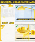 Heavy Duty Emergency Shower And Eye Wash Station With Adjustable Water Pressure Built In Filter Splash Resistant Column Flow 92 Inch Tall Stainless Steel With Yellow Coating And Emergency Sign featuring a combined body shower and eyewash sink in industrial design.