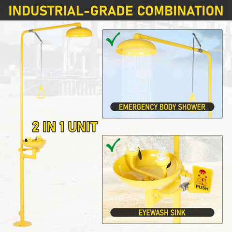 Heavy Duty Emergency Shower And Eye Wash Station With Adjustable Water Pressure Built In Filter Splash Resistant Column Flow 92 Inch Tall Stainless Steel With Yellow Coating And Emergency Sign featuring a combined body shower and eyewash sink in industrial design.