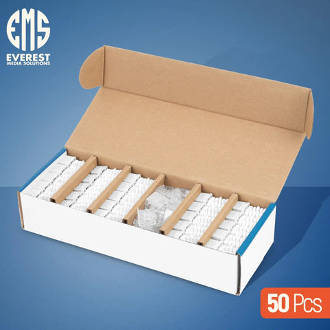 Open box of 90 Degree Angled Cat6 Keystone Jacks 50 Pack In White With Slim Profile RJ45 Connectors, organized in rows.