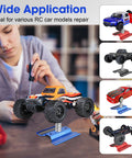 Aluminum RC Car Stand With 360 Degree Rotation Lift And Lower Screw Tray holding monster truck in workshop