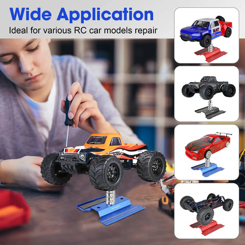 Aluminum RC Car Stand With 360 Degree Rotation Lift And Lower Screw Tray holding monster truck in workshop