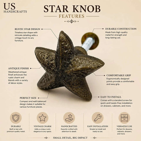 Star Shaped Antique Brass Cabinet Knob Drawer Pulls 2 Pack For Rustic Kitchen Cabinets And Dressers, Old West Farmhouse Vibe, Solid Aluminum Hardware With Back Screws, Easy Install And Durable Finish