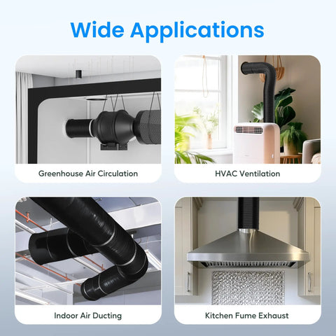 Images showing various applications of Beefed Up 10 Inch Dryer Vent Hose 25 Feet Flexible Aluminum Duct for HVAC Ventilation.
