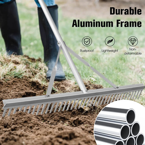 36 Inch Aluminum Landscape Rake With 36 Tines And 68 Inch Non Slip Handle in use on soil, highlighting durable aluminum frame.