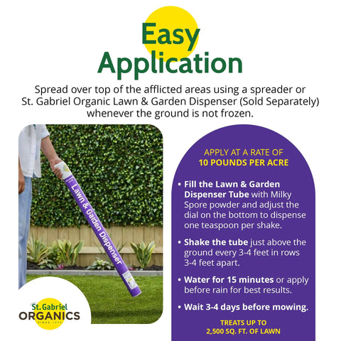 Easy application instructions for Milky Spore Powder 10oz natural grub killer for lawns using Bacillus popilliae spores.
