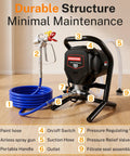 Heavy Duty Electric Airless Paint Sprayer Featuring 750W Motor And 3300 Psi Output on hardwood floor with accessories displayed.