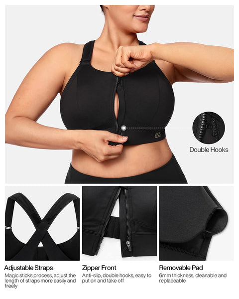 Zip Front Adjustable High Impact Sports Bra For Women With Large Breasts Full Coverage For Workout And Running Removable Pads X Large Black showcasing zipper and adjustable straps.