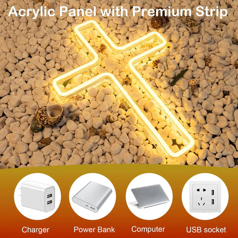 Lit Cross LED Neon Sign for Wall Decor on rocks, USB powered, acrylic panel, Christian wall sign with easy mount