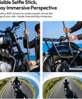 Invisible Quick Release Selfie Stick Motorcycle Mount Kit With 40 Inch Adjustable Extension Pole And Dual Head Clamp in use.