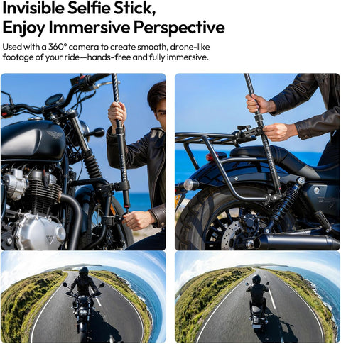 Invisible Quick Release Selfie Stick Motorcycle Mount Kit With 40 Inch Adjustable Extension Pole And Dual Head Clamp in use.