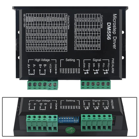 Two DM556 CNC microstep driver modules with green terminal blocks, front view