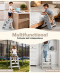 Hella Steady Adjustable Toddler Step Stool With Handles Converts From 3 To 2 Setup As Kiddos Grow Non Slip Safety Footrest For Bathroom Sink And Kitchen Counter Grey used in kitchen, bed, trampoline, and bookshelf settings.