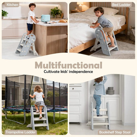 Hella Steady Adjustable Toddler Step Stool With Handles Converts From 3 To 2 Setup As Kiddos Grow Non Slip Safety Footrest For Bathroom Sink And Kitchen Counter Grey used in kitchen, bed, trampoline, and bookshelf settings.