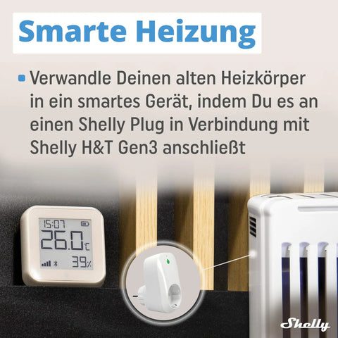 Gen3 White Smart WiFi And Bluetooth Temperature And Humidity Sensor With Quick Response, Low Power Draw, Type C USB, E Paper Display, Your Home Automation Sidekick For Real Time Indoor Climate Tracking, shown with radiator