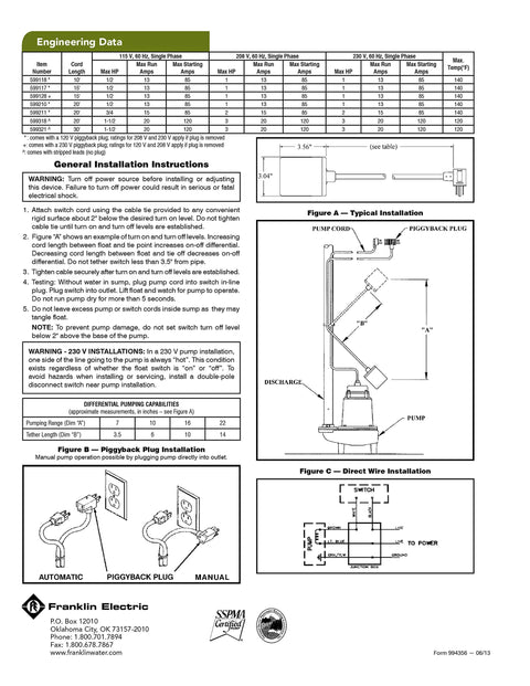 Engineering diagram for Pump Down Piggyback Tethered Float Switch For Sump Sewage Pond And Effluent Systems with installation instructions.