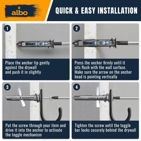 Beefy Heavy Duty Self Drilling Drywall Toggle Anchors Kit With Screws 10 Pack installation guide infographic