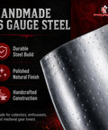 Close-up of 16 gauge steel construction features on a fully functional handmade heater shield for reenactments and tournaments.