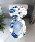 Elongated Toilet Seat Cover Quiet Close with floral design, fits most toilets, top view showing bowl and lid.