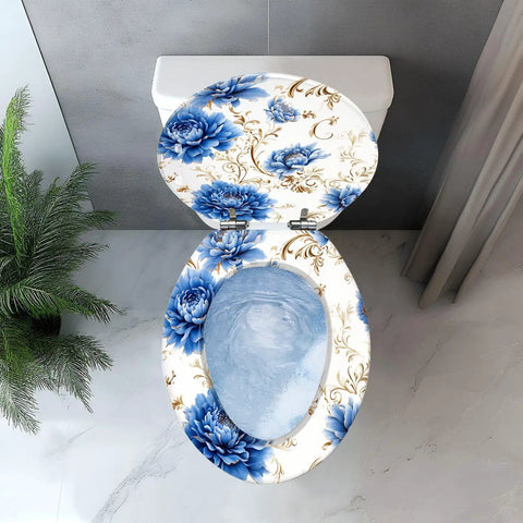 Elongated Toilet Seat Cover Quiet Close with floral design, fits most toilets, top view showing bowl and lid.