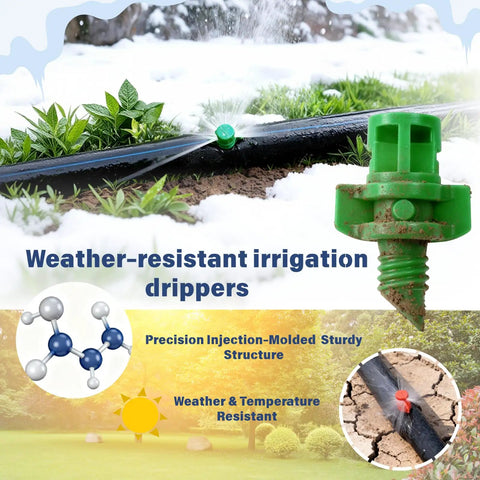 Weather-resistant irrigation drippers showcasing injection-molded structure and weather resistance in green garden setup.