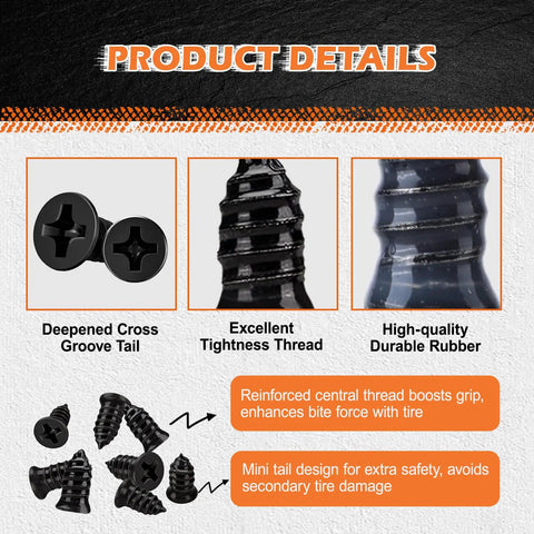 Product details of Quick Fix Tire Plug Repair Kit With 100 Self Service Screws including grooves and rubber material.