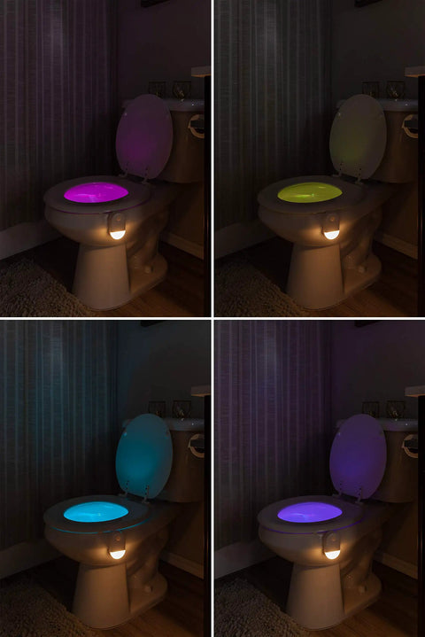 Toilet Light With Motion Sensor And 20 Color Changing LEDs, Battery Powered Bathroom Night Light For Late Night Potty Runs, Easy Motion Activated Glow That Helps Potty Training And Adds Fun Ambience, 1 Pack showcasing colorful LEDs in toilet bowl
