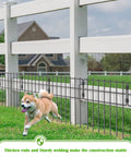 Set Of 25 No Dig Garden Fence Panels, Rustproof Metal Wire, 17 Inches High By 27 Feet Long, installed with dog in yard