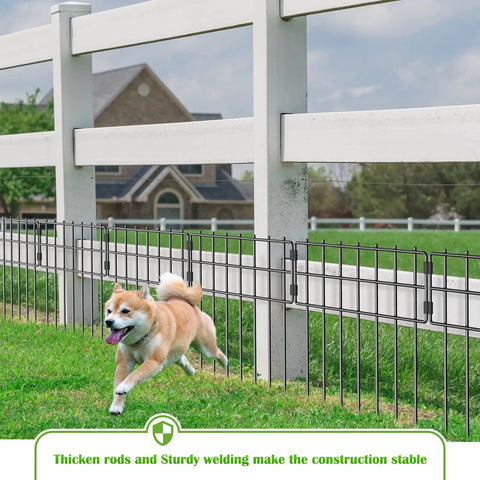 Set Of 25 No Dig Garden Fence Panels, Rustproof Metal Wire, 17 Inches High By 27 Feet Long, installed with dog in yard