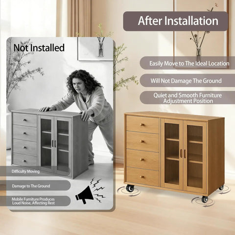 Comparison of wooden furniture with 1.5 Inch Swivel Caster Set Of 4 With Steel Core Rubber Casters installed and not installed.