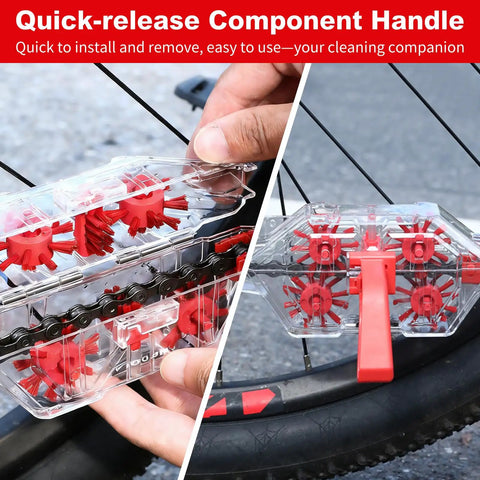 Clear View Bike Chain Cleaner Kit with quick-release handle and brushes in action on a bike tire for real-time monitoring