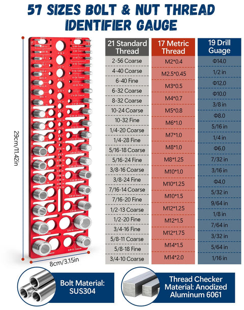 Front view of 57-piece bolt and nut thread checker gauge on red rack; standard, metric threads and drill gauges.