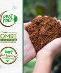 Hands holding peat-free organic seed starting block soil expanding to 12 quarts, OMRI listed for veggies herbs flowers